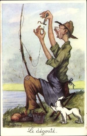 Künstler Ansichtskarte / Postkarte Mann beim Angeln, Köder, Regenwurm, Hund