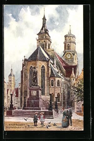 Immagine del venditore per Knstler-Ansichtskarte Charles F. Flower: Stuttgart, Stiftskirche und Schiller-Denkmal venduto da Bartko-Reher
