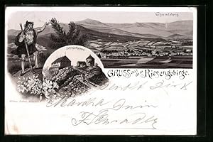Vorläufer-Lithographie Riesengebirge, 1893, Schneekoppe, Totalansicht mit Schmiedeberg und Rübezahl