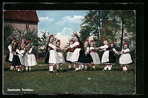 Bild des Verkufers fr Ansichtskarte Hessische Kinder in Tracht beim Ringel-Reihen zum Verkauf von Bartko-Reher