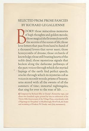 Bild des Verkufers fr [Broadside]: Selected from Prose Fancies by Richard Le Gallienne zum Verkauf von Between the Covers-Rare Books, Inc. ABAA