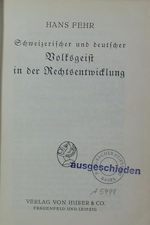 Imagen del vendedor de Schweizerischer und deutscher Volksgeist in der Rechtsentwicklung. a la venta por Antiquariat Bookfarm