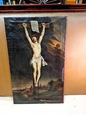 Jesus am Kreuz - Vanitas. Altmeisterliches Gemälde, unten mit Totenschädel und Stadtansicht von J...
