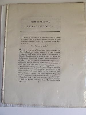 Imagen del vendedor de An Account of the circulation of the blood in the class Vermes of Linneous, and the principle explained in which it differes from that in the higher classes a la venta por McLaren Books Ltd., ABA(associate), PBFA