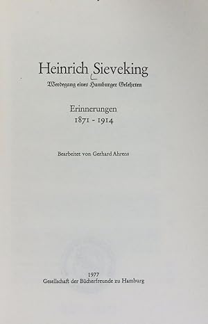 Bild des Verkufers fr Werdegang eines Hamburger Gelehrten : Erinnerungen 1871 - 1914. zum Verkauf von Antiquariat Bookfarm