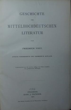 Bild des Verkufers fr Geschichte der mittelhochdeutschen Literatur. zum Verkauf von Antiquariat Bookfarm