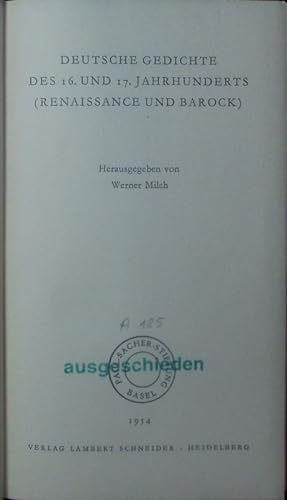 Bild des Verkufers fr Deutsche Gedichte des 16. und 17. Jahrhunderts (Renaissance und Barock). zum Verkauf von Antiquariat Bookfarm