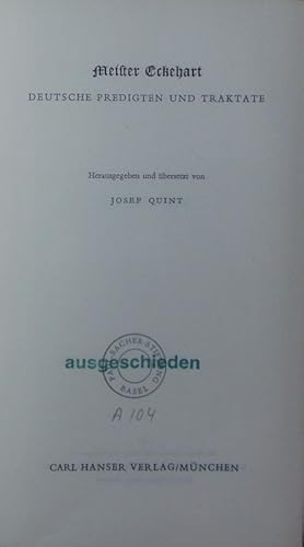 Bild des Verkufers fr Deutsche Predigten und Traktate. zum Verkauf von Antiquariat Bookfarm