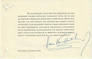 Imagen del vendedor de Gedruckte Dankeskarte mit eigenhnd. Unterschrift. a la venta por Antiquariat Burgverlag