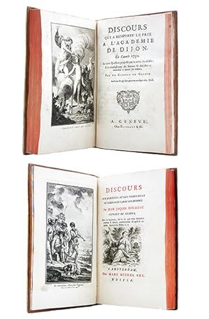 Image du vendeur pour 1- Discours qui a remport le prix  l'Acadmie de Dijon, en l'anne 1750. Sur cette question propose par la mme Acadmie : Si le rtablissement des Sciences & des Arts a contribu  purer les moeurs. Par un citoyen de Genve. Genve, Barillot, s.d. [1750]. (1) f. de titre, (3) p. de prface, 66 p., planche frontispice grave. [Prcd de:] 2- Discours sur l'origine et les fondemens de l'ingalit parmi les hommes. Amsterdam, Marc-Michel Rey, 1755. lxx, (2), 262, (2) p. d'errata et "avis pour le relieur", vignette de titre, planche grave en frontispice. mis en vente par Librairie HATCHUEL