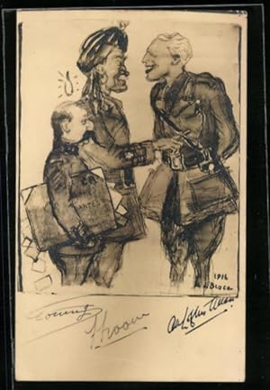 Künstler-Ansichtskarte Karikatur von Soldaten im Gespräch