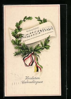 Bild des Verkufers fr Ansichtskarte Herzlichen Weihnachtsgruss, Weihnachtslied mit grnen Kranz mit Schleifenband zum Verkauf von Bartko-Reher