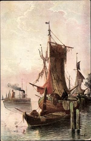 Künstler Ansichtskarte / Postkarte Herford, Boote im Hafen, zerrissene Segel