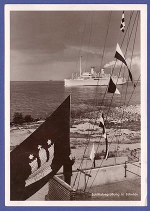 Seller image for AK Schiffsbegrung in Schulau, wohl die ITALIA, Dampfer, Fahne, Wimpel, 1953 gelaufen for sale by GAENSAN Versandantiquariat