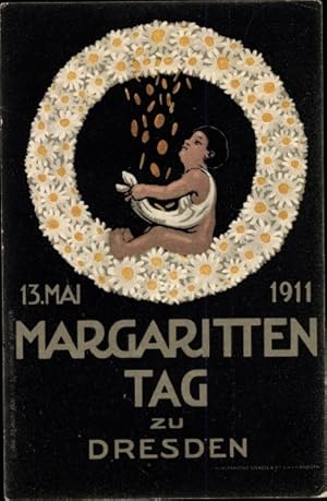 Künstler Ansichtskarte / Postkarte Dresden, Margaritten Tag 1911, Blumentag, Kranz, Geldregen