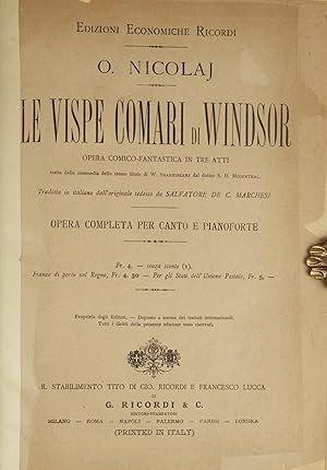 Immagine del venditore per [Die Lustigen Weiber von Windsor] Le Vispe Comari di Windsor Opera Comico-Fantastica in Tre Atti tratta dalla commedia dello stesso titolo di W. Shakespeare dal dottor S. H. Mosenthal. Tradotta in italiano dall'originale tedesco da Salvatore de C. Marchesi Opera Completa per Canto e Pianoforte Fr. 4 . [Piano-vocal score] venduto da J & J LUBRANO MUSIC ANTIQUARIANS LLC