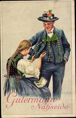 Künstler Ansichtskarte / Postkarte Liebich, Gütermann's Nähseide, Reklame, Mann und Frau in Trachten