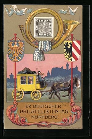 Künstler-Ansichtskarte Nürnberg, 27. Deutscher Philatelisten-Tag 22.-25.07.1921, Postkutsche, Bri...
