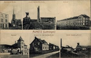 Ansichtskarte / Postkarte Aumetz Lothringen Moselle, Kolonie, Grube Friede, Kath. Kirche, Bahnhof