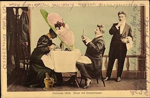 Ansichtskarte / Postkarte Hutmode 1909, Diner mit Hindernissen
