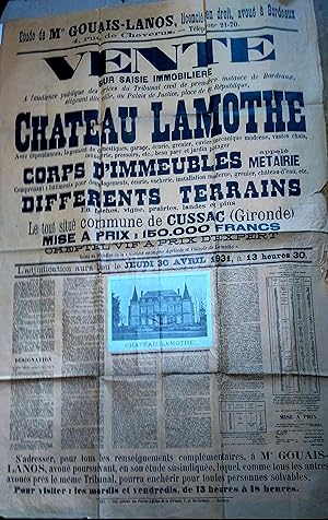 Affiche d'annonce de la vente sur saisie immobilière du château Lamothe, à Tarnos (Gironde). Vent...