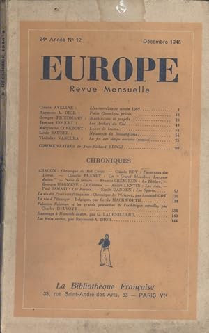 Seller image for Europe. Revue mensuelle. 1946 N 12. Claude Aveline - Raymond-A. Dior - Georges Friedmann - Louis Saurel - Aragon - Claude Roy. Dcembre 1946. for sale by Librairie Et Ctera (et caetera) - Sophie Rosire