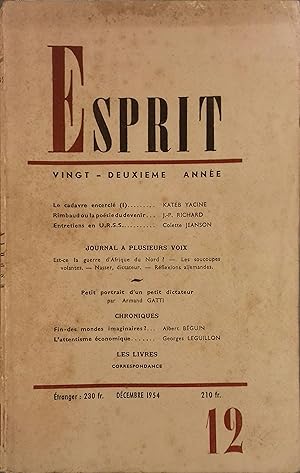 Revue Esprit. 1954, numéro 12. Kateb Yacine, P.-P. Richard, Colette Jeanson, Armand Gatti. Décemb...