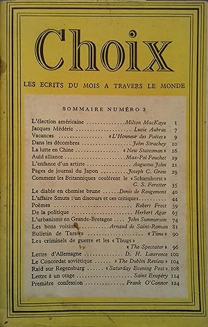Choix. Les écrits du mois à travers le monde. N° 2. Jacques Médéric, par Lucie Aubrac. Max-Pol Fo...