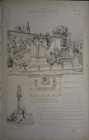 Image du vendeur pour Fontaine de la Samaritaine  Fribourg (Suisse), en marge de La dcoration d'un puits, esquisse donne  l'Ecole des beaux-Arts de Paris en 1863. Planche extraite de la publication mensuelle Croquis d'architecture, Intime-club. Mai 1866. mis en vente par Librairie Et Ctera (et caetera) - Sophie Rosire