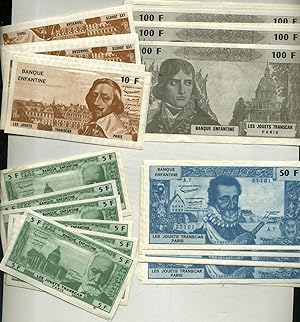 Billets de la banque enfantine. Billets de 100 F, 50 F, 10 F, et 5 F. Vers 1960.