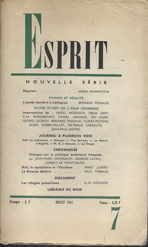 Revue Esprit. 1964, numéro 7. Roman et réalité. Contient des articles sur le colloque Est-Ouest s...