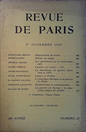 La revue de Paris N° 21 - 1er novembre 1939. Alexandre Arnoux, André Suarès, André Thérive, André...