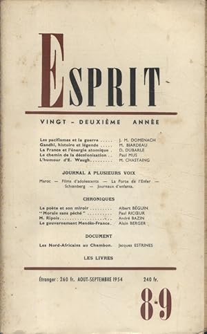 Revue Esprit. 1954, numéro 8/9. Pacifisme, Gandhi, Energie atomique, Jean-Marie Domenach, Paul Mu...