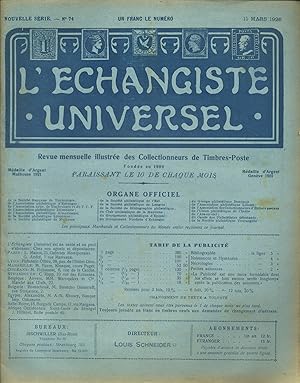 Bild des Verkufers fr L'changiste universel. N 74. Revue mensuelle illustre des collectionneurs de timbres-poste. 15 mars 1926. zum Verkauf von Librairie Et Ctera (et caetera) - Sophie Rosire