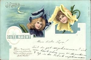 Bild des Verkufers fr Litho Gute Nacht, Frauenportraits in Blten, Kitsch, vermenschlichte Stiefmtterchen zum Verkauf von akpool GmbH