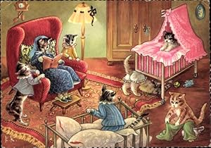 Künstler Ansichtskarte / Postkarte Vermenschlichte Katzen, Nachttopf, Katzenmutter, Kinder