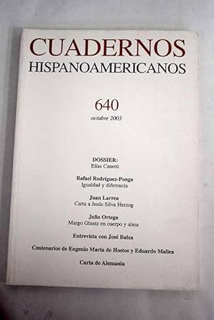 Imagen del vendedor de Cuadernos Hispanoamericanos, Ao 2003, n 640:: Figuras en la pared; Colectividad social; El libro tinta o veneno? De Don Quijote a Peter Kien?; Sendas de Babel; Canettiana; Derecho a la diferencia ? Derecho a la gualdad!; Margo Glantz en cuerpo y alma; Wittgenstein y Poper: un contexto comn; Carta a Jess Silva Herzog; El tenprano fin de Roberto Bolao; Eugenio Mara de Hostos: el centenario ardiente; Carta de Alemania: a vueltas con el idioma alemn; Entrevista con Jos Balza a la venta por Alcan Libros