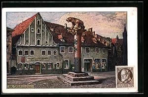 Künstler-Ansichtskarte Ingolstadt, Nagelung der Eisernen Kriegssäule 1916 vor dem Gasthaus zum Kr...
