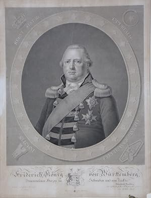 Bild des Verkufers fr Portrait. Brustfigur en face in Oval mit Uniform und Orden, in den 4 Ecken mit Herrschaftsinsignien. Kupferstich von Gottlieb Rist nach Seele. zum Verkauf von Antiquariat  Braun