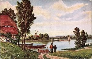 Künstler Ansichtskarte / Postkarte Sonntag, Dimanche, Landschaftsmotiv, Fluss, Windmühle