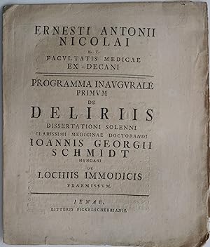 Bild des Verkufers fr Programma inaugurale primum de deliriis dissertationi solenni . zum Verkauf von Auceps-Antiquariat Sebastian Vogler