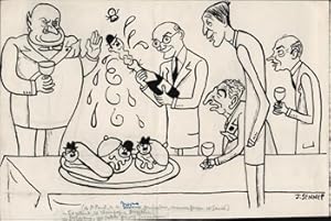 Caricature of Desvoux, Geolondon, Maurice Garson and Sanié in a cannibalistic gourmet setting. Or...