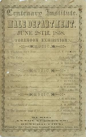 Centenary Institute. / Male Department. / June 28th, 1858. / Forenoon Exhibition. / [followed by ...