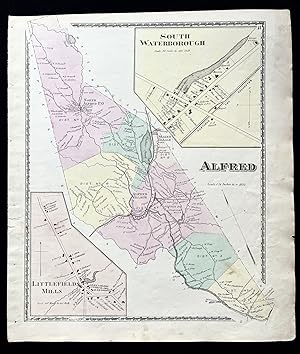 1872 Hand-Colored Street Map of Alfred, Maine with Littlefield's Mills & South Waterborough
