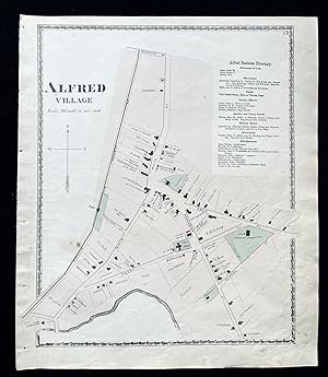1872 Hand-Colored Street Map of Alfred, Maine with property owner names & building footprints