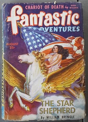 Seller image for FANTASTIC ADVENTURES (PULP Magazine) August 1943 Fairy Tale by Tarleton Fiske (aka ROBERT BLOCH); Classic GGA Good Girl Art Painted cover of Big Breasted WOMAN in See-Thru Dress, Riding FLYING HORSE, holding Huge American FLAGG by Robert Gibson Jones; for sale by Comic World