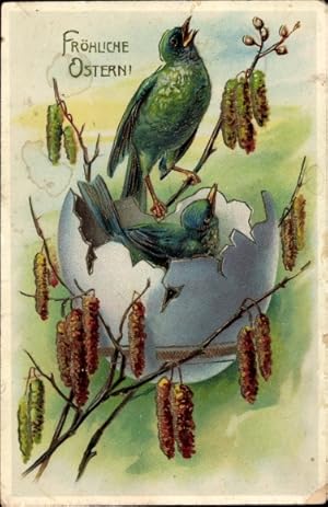 Präge Ansichtskarte / Postkarte Glückwunsch Ostern, Vögel in einer Eierschale
