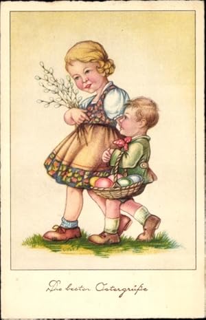 Ansichtskarte / Postkarte Glückwunsch Ostern, Kinder, Ostereier, Weidenkätzchen - EAS 2255