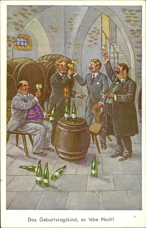 Bild des Verkufers fr Ansichtskarte / Postkarte Glckwunsch Geburtstag, Das Geburtstagskind lebe Hoch, Mnner trinken Wein zum Verkauf von akpool GmbH