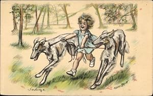Künstler Ansichtskarte / Postkarte Bouret, Germaine, Mädchen rennt mit zwei Windhunden durch den ...